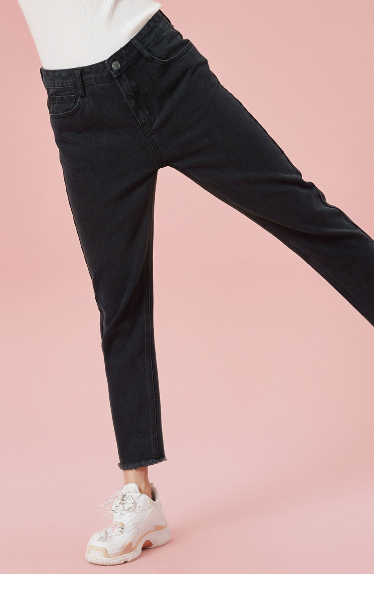 森马牛仔裤女2019春季新款黑色显瘦直筒九分裤毛边裤子学生女裤潮