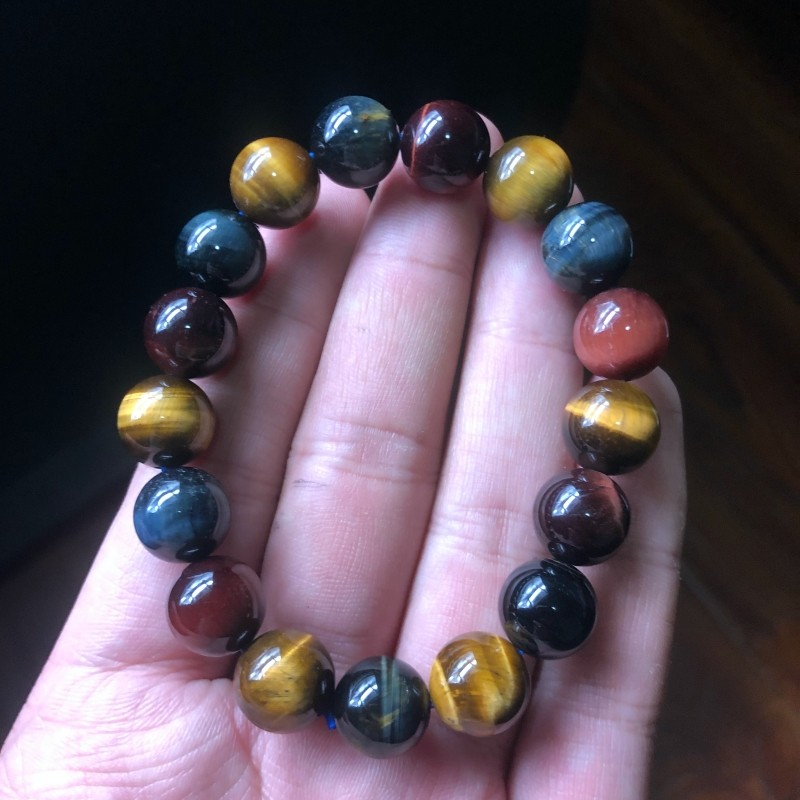 天然彩虎眼石手链 虎睛石鹰眼石单圈手串 黄红蓝三色 有猫眼效果