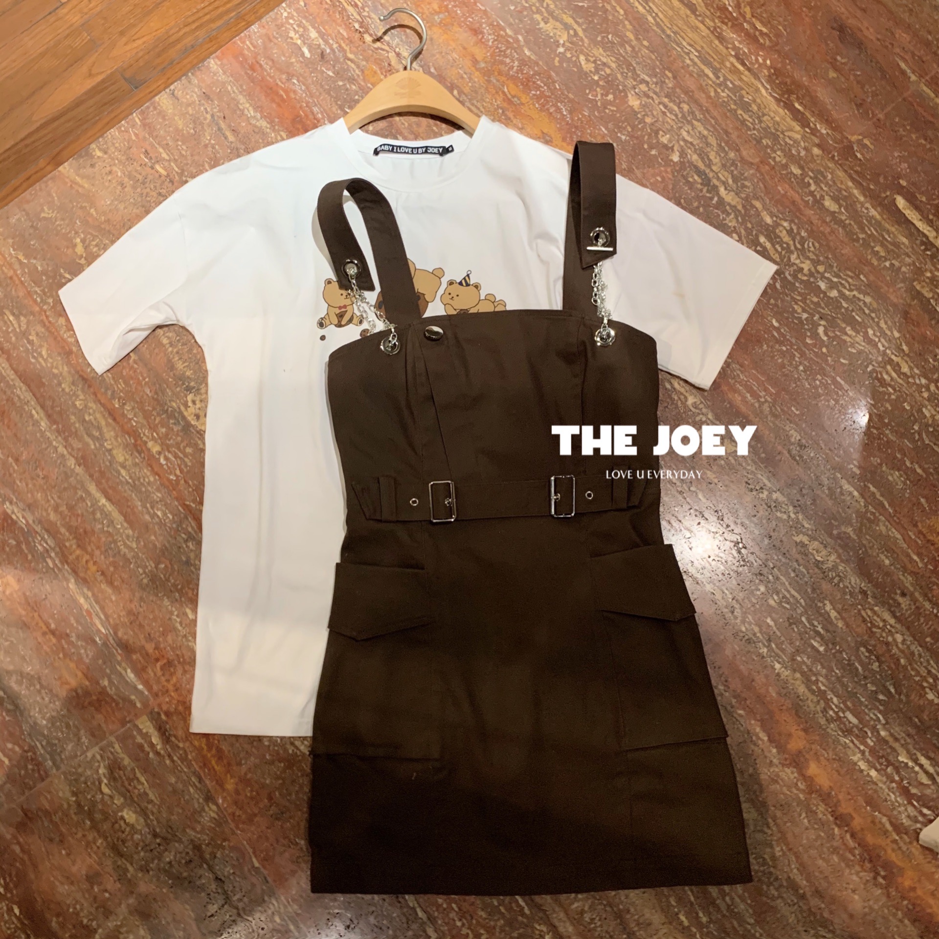 joey【请把小熊还我】背带连衣裙夏季薄款印花小熊短袖上衣t恤女