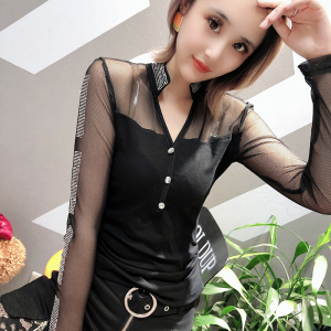 New Sexy Sweaters Yarn Mesh Ironing Long Sleeve Blouse T-shirt