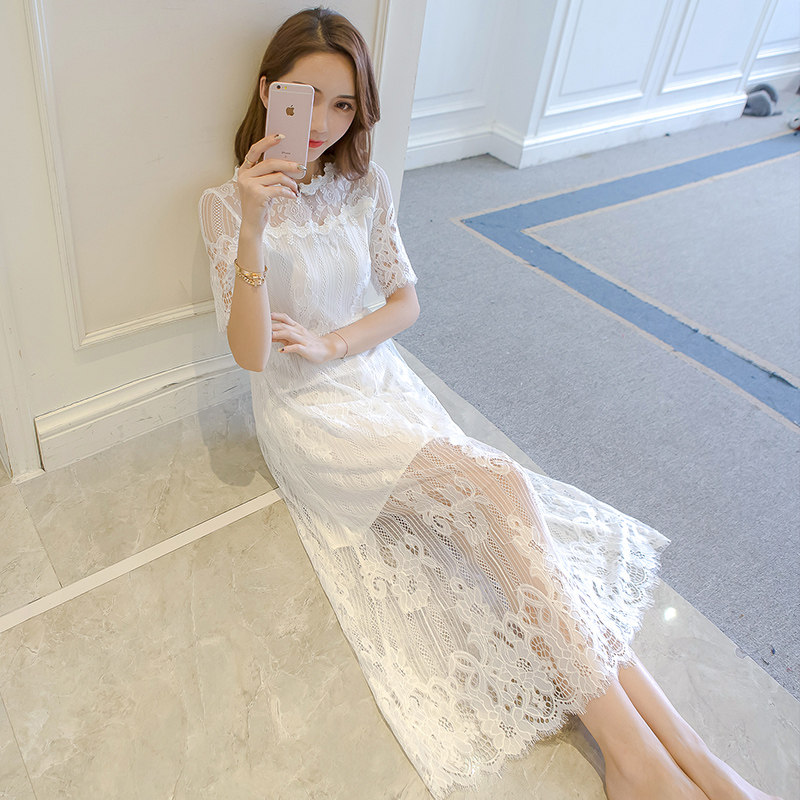 蕾丝连衣裙女2017夏装新款韩版修身仙气沙滩长裙夏天显瘦白色裙子_7折