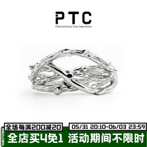 PTC small crowdsourced profile irregularly designed twigs twined with texture hollowed-out s925 pure silver opening ring male and female