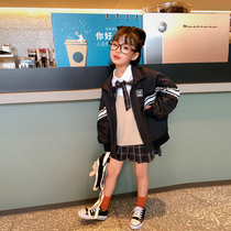  Childrens cardigan baseball jacket spring and autumn womens western style fashionable Korean version of the new black girls  jacket QM