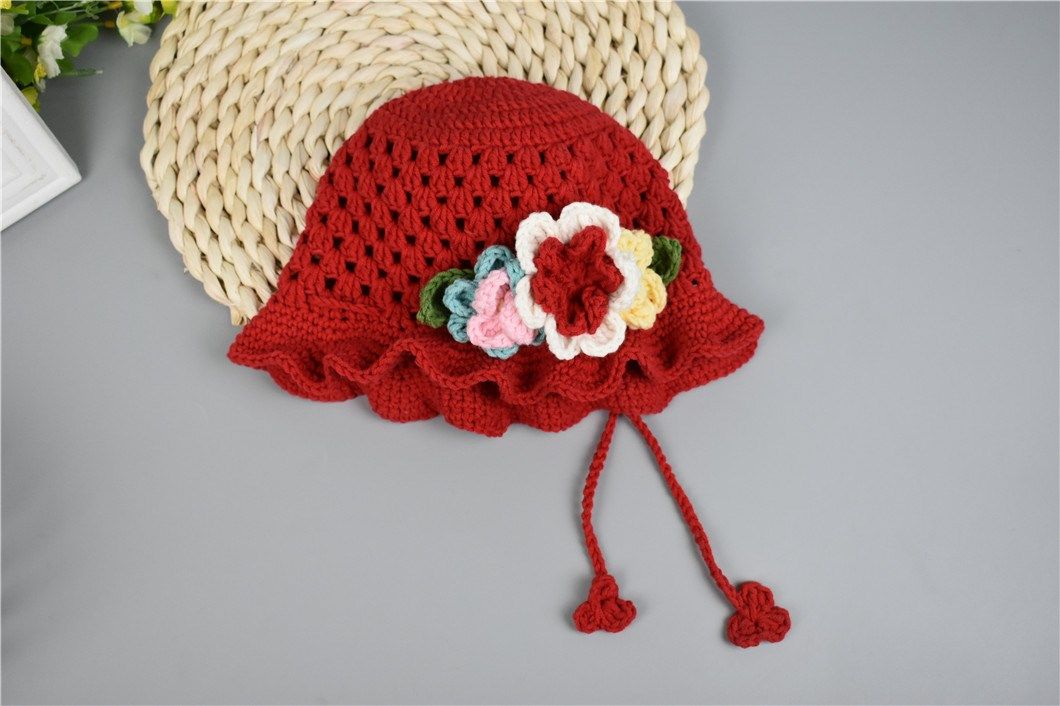 18春季新款手工钩织宝宝毛线花朵遮阳帽女婴儿童太阳大沿公主帽
