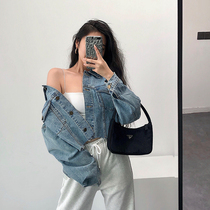 Young-GirlDay European and American wind classic retro loose wool side single row button 100 lap denim short coat