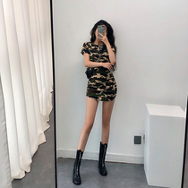 Young-GirlDay European and American Wind Sexy tight wrap Hip Round Collar Camouflage Printed Short Sleeve Dress Short Skirt