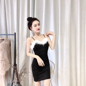 Nightclub sexy retro Plush suspender low chest open backpack hip dress