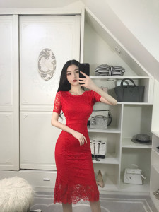 Celebrity slim waist slim fishtail lace hip dress