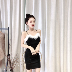 Nightclub sexy retro Plush suspender low chest open backpack hip dress