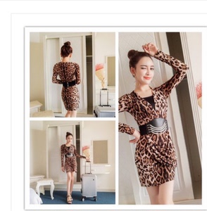 Leopard print autumn long sleeve slim bottomed dress with belt