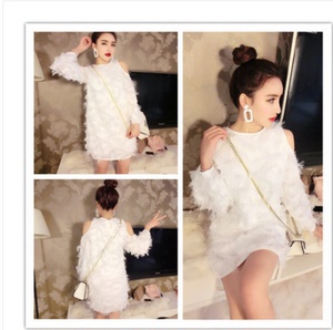 Spring and autumn tassel skirt off shoulder feather dress female fur medium length skirt Fairy Dress