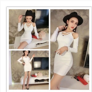 Sexy nightclub lady temperament deep V-neck low chest open back long sleeve dress