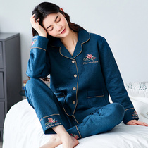 Middle-aged pajamas womens autumn and winter pure cotton long-sleeved air cotton sandwich spring and autumn medium and thick mom home clothes set