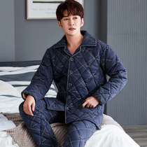Pajamas mens winter thickened cotton pure cotton long-sleeved autumn and winter mens three-layer padded jacket winter home suit suit