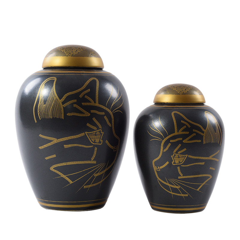 Mediterranean style glazed ceramic as cans accessories between example of the abstract animal cat design hallway closet bottles of furnishing articles