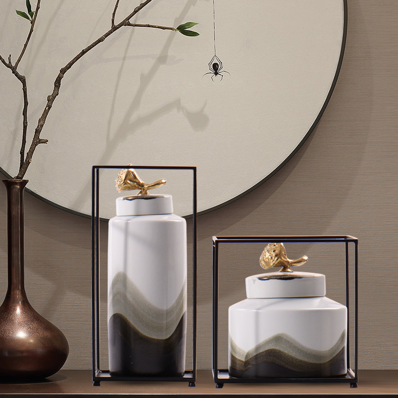 Contracted wave grain ceramic pot of new Chinese style furnishing articles, creative household act the role ofing is tasted example room sitting room soft outfit, wrought iron decoration