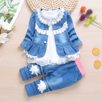 Childrens clothing girls chun qiu zhuang 0-1-2-3-4 years old female baby infant niu zi mian three-piece suit fashion wai chu fu