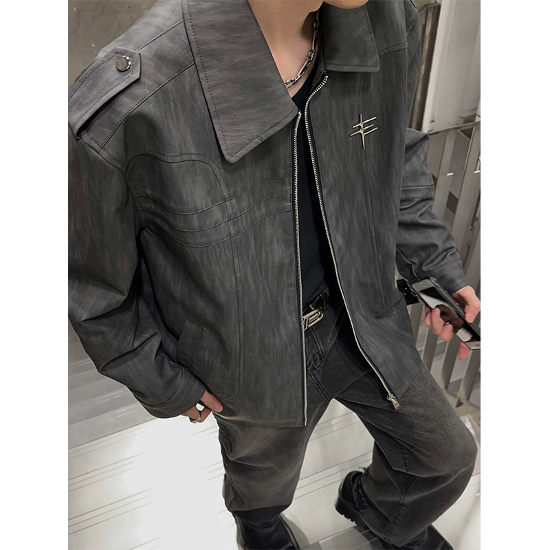 jmhomme 美式复古水洗纹机车PU皮夹克秋冬款翻领宽松潮牌外套男