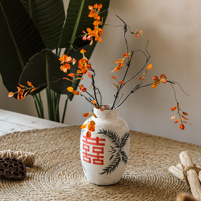 Restoring ancient ways, every crude TaoHua ware porcelain jingdezhen new Chinese style wedding happy character flower arranging dried flower vase furnishing articles ceramics