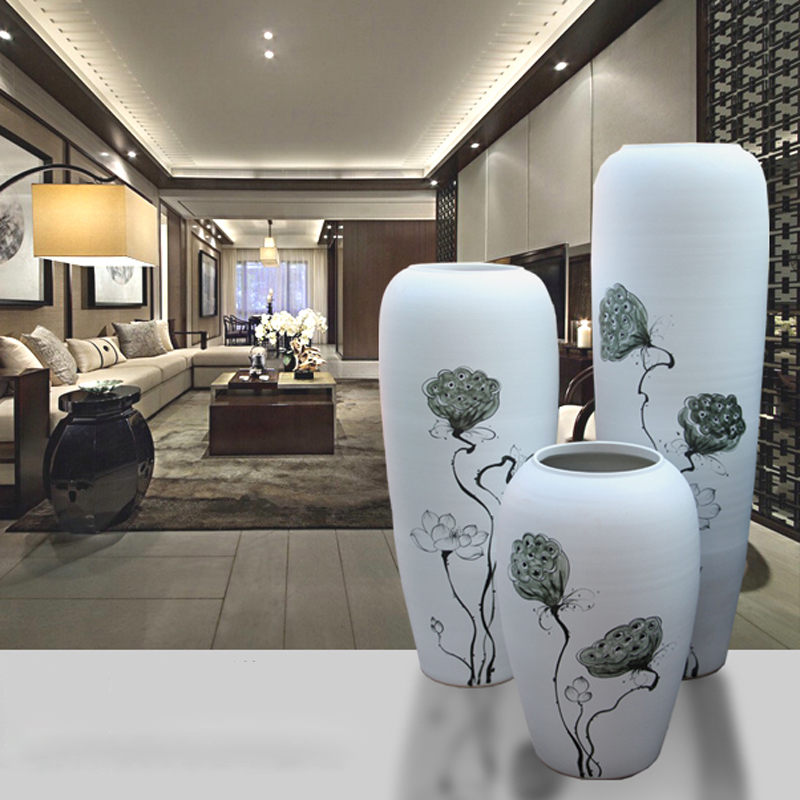 Ceramic floor big vase dried flowers, hand - made white variable flower arranging modern European sitting room hotel villa decoration furnishing articles