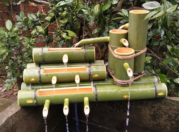 竹筒流水器 竹流水风水摆件 竹子水景过滤器花园装饰鱼缸石槽摆件