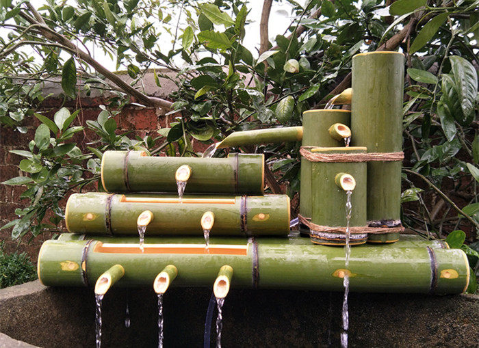 竹筒流水器 竹流水风水摆件 竹子水景过滤器花园装饰鱼缸石槽摆件