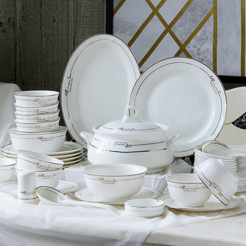 碗碟套装家用欧式骨瓷餐具套装碗盘子碗具碗筷58头碗套装 简约_7折