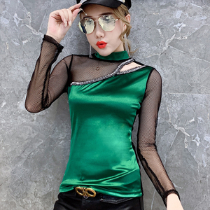 new long-sleeved blouse T-shirt with diamond mesh yarn