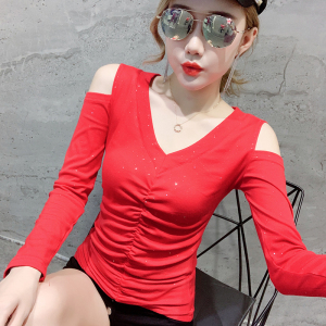 Autumn and Winter Wrinkled Top Sense V-collar Long Sleeve T-shirt 