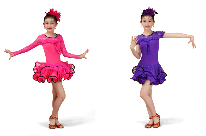 儿童拉丁舞服装女童春夏蕾丝长短袖网纱连衣裙少儿舞蹈练功演出服
