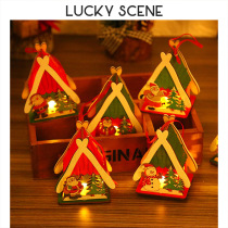 Christmas decorated wooden housetoy toys Christmas tree glowing gifts old man Snow Man hanging