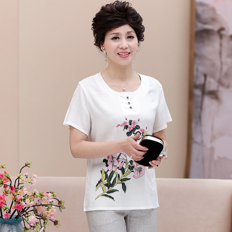 中老年女装夏季加肥加大码棉麻t恤中年妈妈装时尚宽松短袖上衣女_4