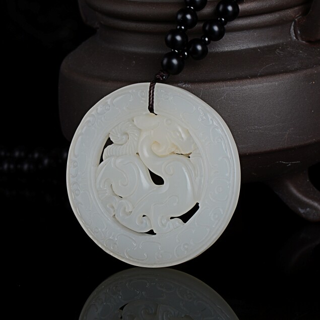新疆和田玉白玉挂件龙牌 复古双面精雕镂空生肖龙吊坠天然玉石