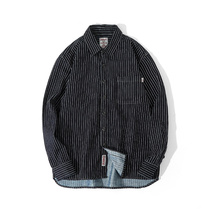 MBBCAR narrow range textured striped fabric overalls shirt dark retro washed with ammery click-to-fit shirt