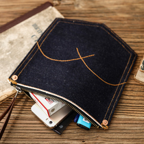 Lacquer name Artisanal Red Ear Tannin Sewing Making Denim Primary Color Denim Denim Fabric Zipper Wallet Chaab