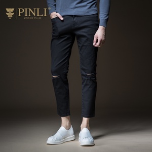 PINLI品立2018秋季新款男装修身小脚破洞休闲牛仔长裤B183116082