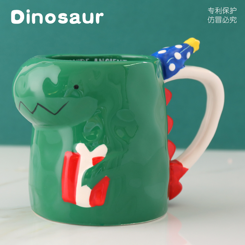 小馬行空手繪恐龍馬克杯帶蓋勺可愛杯子動物超萌個性創意陶瓷