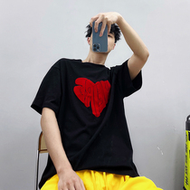 PGUP STUDIO Summer State Tide High Street Retro Handsome gas Loose Flocking with Loving Pure Cotton Short Sleeve T-shirt Male