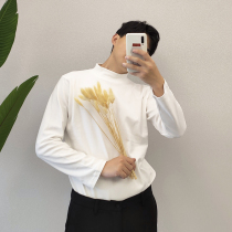 South Korea Joker handsome black and white basic solid color base shirt mens cotton half high collar long sleeve T-shirt tide couple