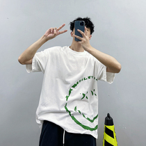 PGUP STUDIO Summer State Tide High Street Loose 100 hitch Shoulder Big Laughs Face Printed Short Sleeve T-shirt Male BF Couple