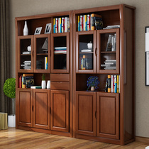 Solid wood bookcase Floor-to-ceiling household oak five-door combination with glass door shelf Office Chinese storage bookcase