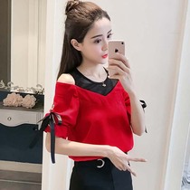 2022 summer new round neck pullover short sleeve chiffon shirt women's temperament bow mesh stitching shoulder top
