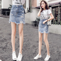 2022 spring new denim skirt female summer high waist irregular hole burr skirt slim a hip skirt