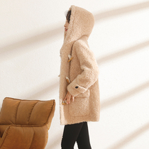 2021 winter new grain sheep cut velvet big coat fur integrated female medium length thickened with cap lamb fur straw jacket