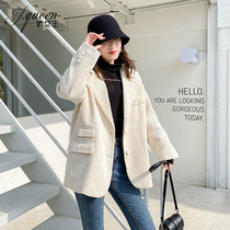 Light Core Suede Suit Jacket Woman Autumn Winter Warm Plus Suede New Temperament Complex outline Loose Superior Sense Little West Suit