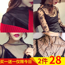 Perspective bottoming shirt womens long-sleeved 2019 new very fairy foreign style mesh inner black lace shirt gauze top