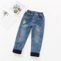 Western style childrens clothing Korean version 2020 Autumn and Winter Childrens girls cotton plus velvet thick love high elastic denim pants