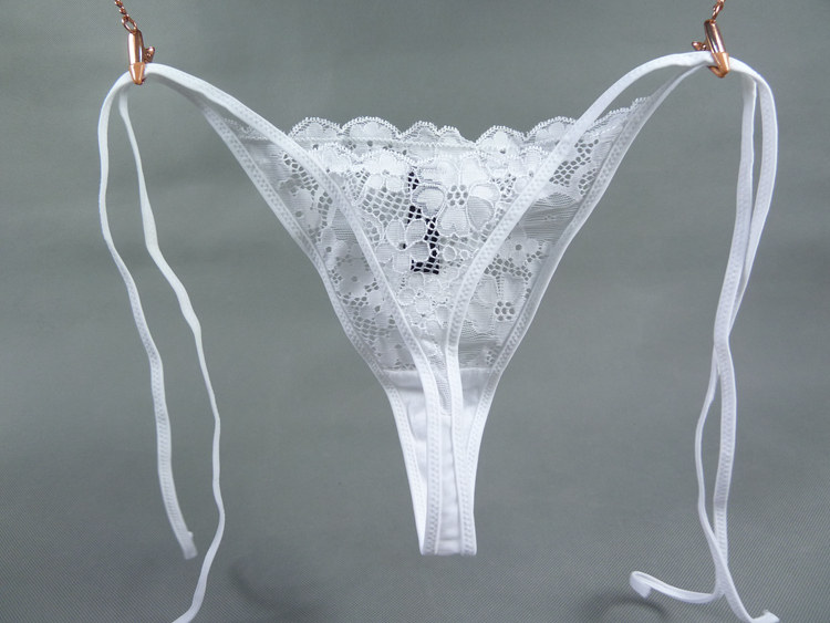 法国品牌 性感系带蕾丝镂空透明露毛丁字裤 女式内裤 t裤纯色