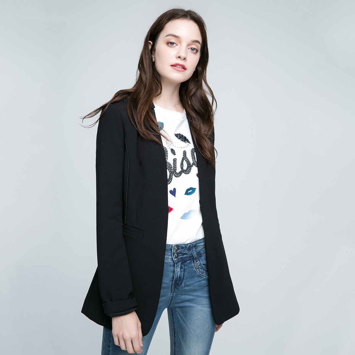 下架|only纯色拼接一字口袋西装上衣女l|116108013_不打折现价599.