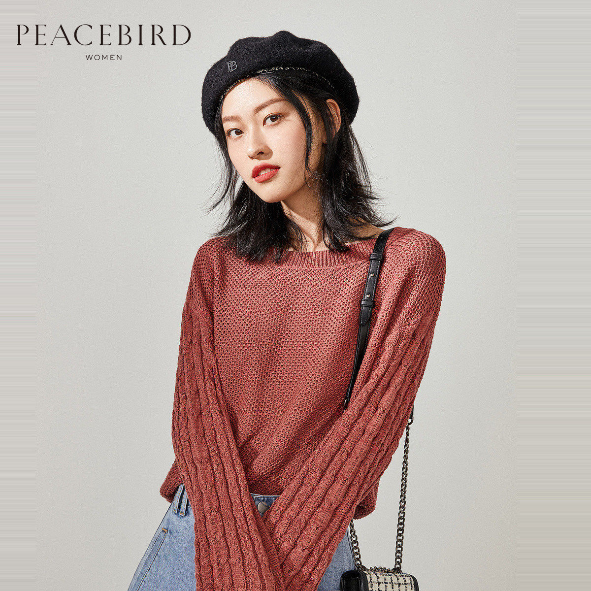 太平鸟纯色毛针织套衫女2019秋冬宽松套头圆领长袖毛衣女